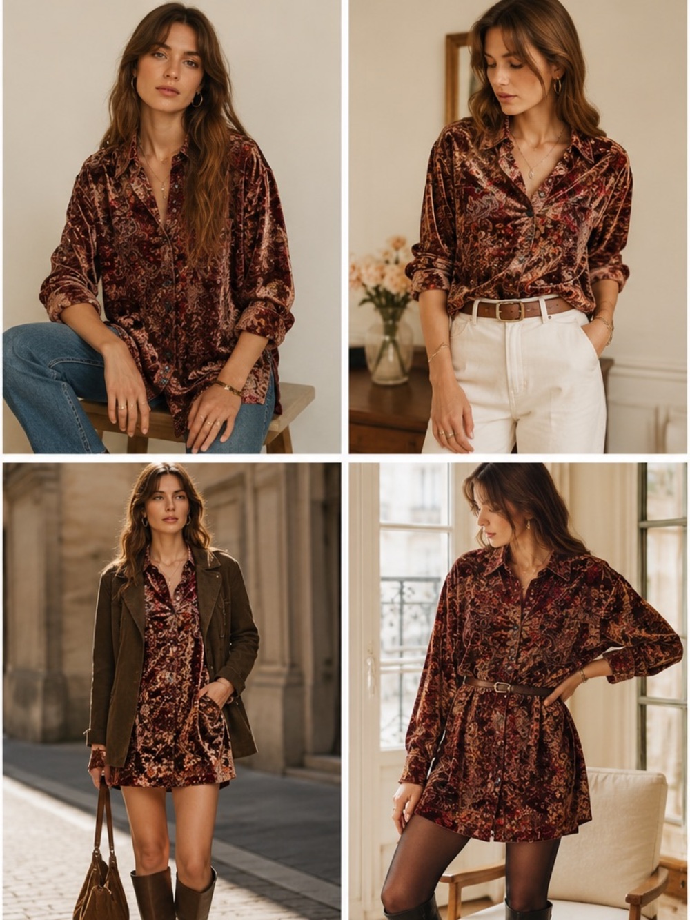 Velvet Paisley Button-Up Blouse - Burgundy Rust